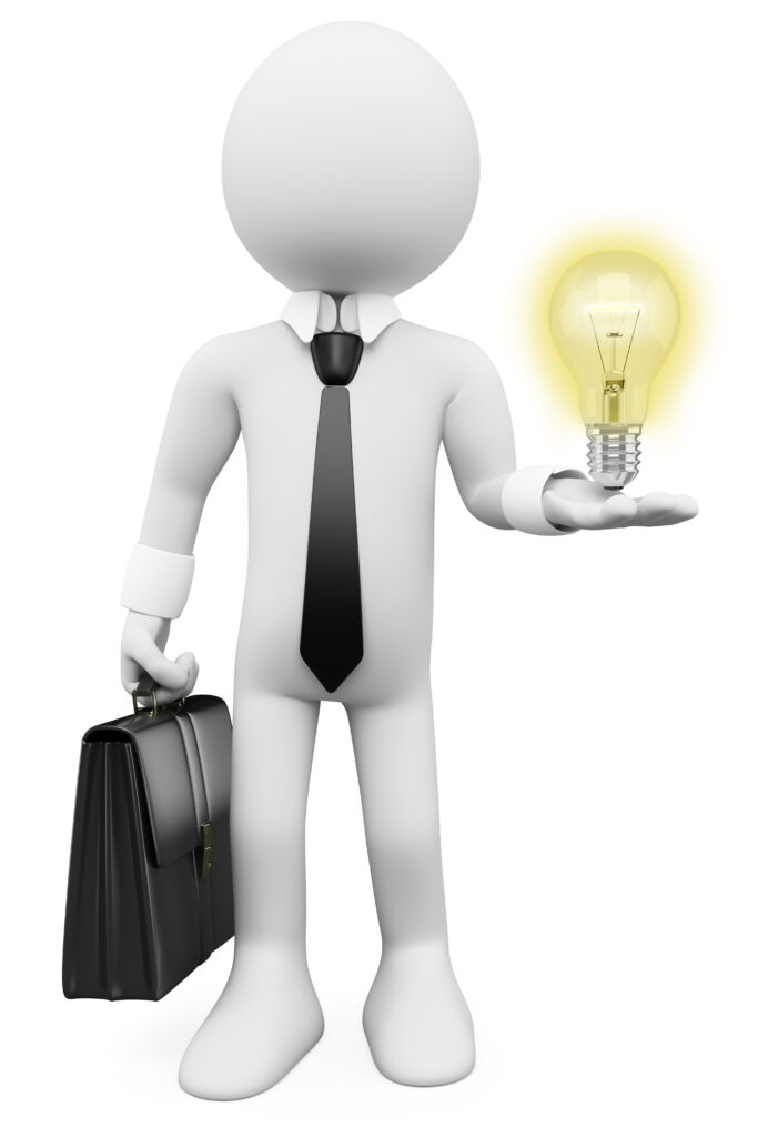 white cartoon man holding briefcase and lightbulb